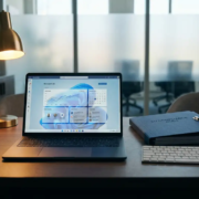 Microsoft 365-dashboard op laptopscherm naast EU-compliance map in modern kantoor met warm bureaulamplight.