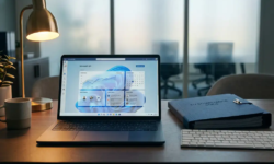 Microsoft 365-dashboard op laptopscherm naast EU-compliance map in modern kantoor met warm bureaulamplight.