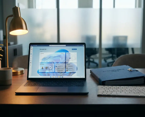 Microsoft 365-dashboard op laptopscherm naast EU-compliance map in modern kantoor met warm bureaulamplight.