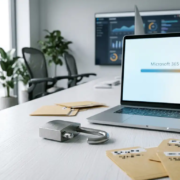 Gebroken hangslot naast laptop met Microsoft 365-herstelinterface op wit bureau, symbool voor gegevensherstel na cyberaanval.