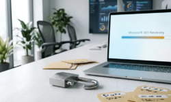 Gebroken hangslot naast laptop met Microsoft 365-herstelinterface op wit bureau, symbool voor gegevensherstel na cyberaanval.