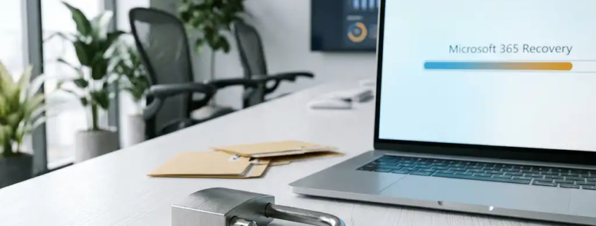 Gebroken hangslot naast laptop met Microsoft 365-herstelinterface op wit bureau, symbool voor gegevensherstel na cyberaanval.