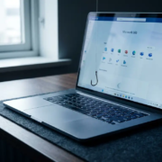 Laptop met Microsoft 365-interface op bureau, met een vishook die boven het toetsenbord hangt als symbool voor phishing.