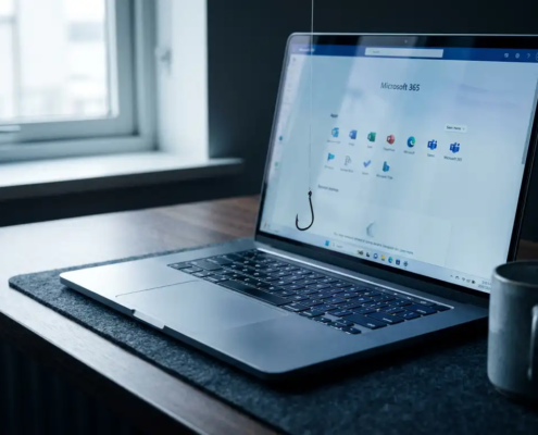 Laptop met Microsoft 365-interface op bureau, met een vishook die boven het toetsenbord hangt als symbool voor phishing.