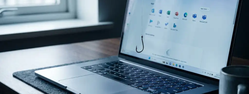 Laptop met Microsoft 365-interface op bureau, met een vishook die boven het toetsenbord hangt als symbool voor phishing.