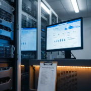 microsoft-beveiliging-serverruimte-compliance-dashboard.jpg Serverruimte met Microsoft 365-dashboard op monitor en compliance-checklist op klembord, blauwe en stalen tinten met amber verlichting.