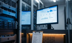 Serverruimte met Microsoft 365-dashboard op monitor en compliance-checklist op klembord, blauwe en stalen tinten met amber verlichting.