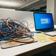 Verward kluwen ethernetkabels op wit bureau naast open laptop, symboliseert complexiteit bij netwerkmigratie.