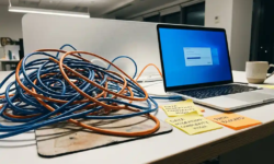 Verward kluwen ethernetkabels op wit bureau naast open laptop, symboliseert complexiteit bij netwerkmigratie.