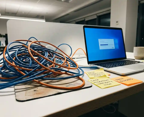 Verward kluwen ethernetkabels op wit bureau naast open laptop, symboliseert complexiteit bij netwerkmigratie.