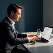 naleving-checklist-beveiliging-laptop-bureau.jpg Zakenman in maatpak bekijkt compliance-checklist op laptop, met fysiek hangslot op modern bureau.