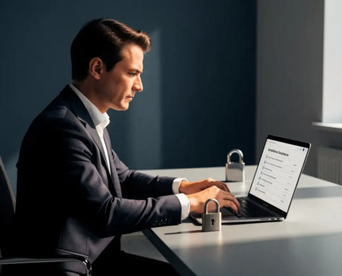 Zakenman in maatpak bekijkt compliance-checklist op laptop, met fysiek hangslot op modern bureau.