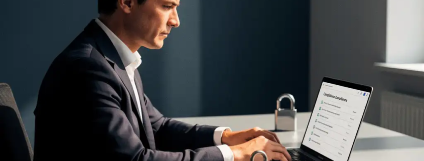Zakenman in maatpak bekijkt compliance-checklist op laptop, met fysiek hangslot op modern bureau.