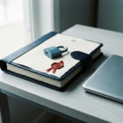 Officieel nalevingsdocument met rood zegel en hangslot op modern bureau naast laptop, symboliseert gegevensbescherming en compliance.