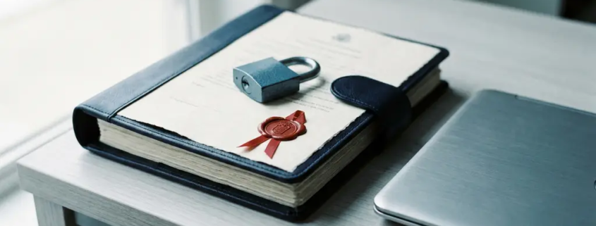 Officieel nalevingsdocument met rood zegel en hangslot op modern bureau naast laptop, symboliseert gegevensbescherming en compliance.