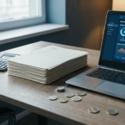 naleving-documenten-laptop-beveiliging-euro.jpg Stapel compliance-documenten naast laptop met beveiligingsdashboard, calculator en euromunten op modern bureau.