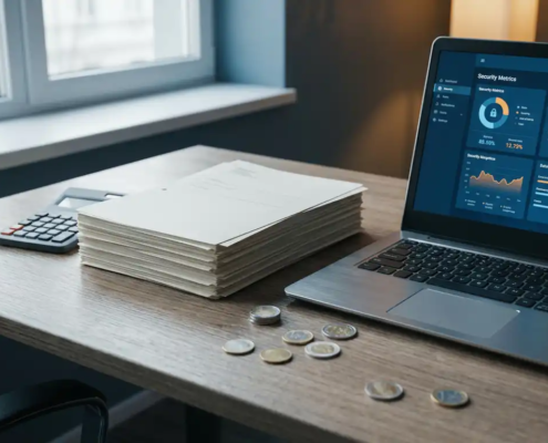 Stapel compliance-documenten naast laptop met beveiligingsdashboard, calculator en euromunten op modern bureau.