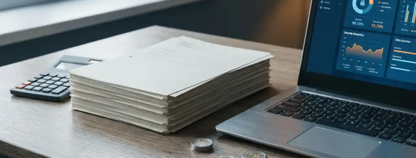 Stapel compliance-documenten naast laptop met beveiligingsdashboard, calculator en euromunten op modern bureau.
