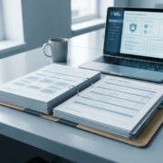naleving-beleidsdocument-audit-compliance-ict.jpg Open compliance-dossier met auditchecklist op modern bureau, laptop op achtergrond met beveiligingsdashboard, kantooromgeving met natuurlijk licht.