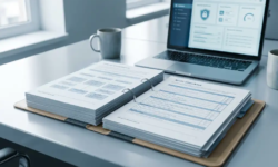 Open compliance-dossier met auditchecklist op modern bureau, laptop op achtergrond met beveiligingsdashboard, kantooromgeving met natuurlijk licht.