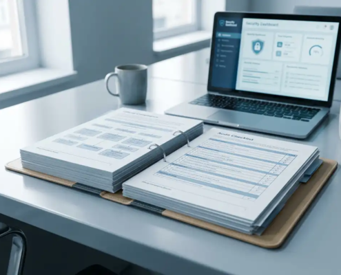 Open compliance-dossier met auditchecklist op modern bureau, laptop op achtergrond met beveiligingsdashboard, kantooromgeving met natuurlijk licht.