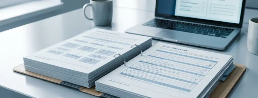 Open compliance-dossier met auditchecklist op modern bureau, laptop op achtergrond met beveiligingsdashboard, kantooromgeving met natuurlijk licht.