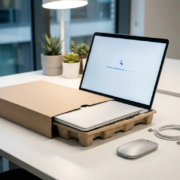 Nieuw uitpakken laptop op wit bureau met zelfconfiguratie schermgloed, draadloze muis en USB-C kabel in moderne werkruimte.