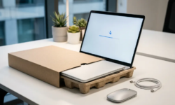 Nieuw uitpakken laptop op wit bureau met zelfconfiguratie schermgloed, draadloze muis en USB-C kabel in moderne werkruimte.