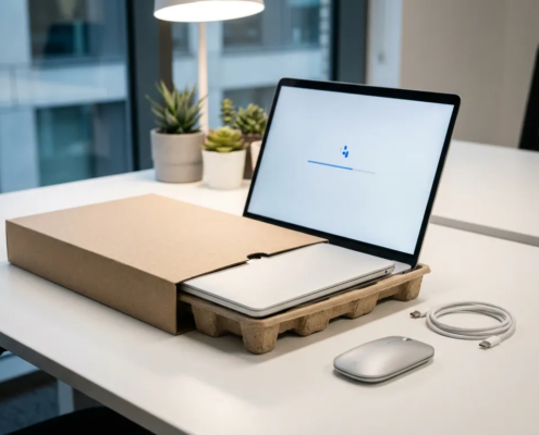 Nieuw uitpakken laptop op wit bureau met zelfconfiguratie schermgloed, draadloze muis en USB-C kabel in moderne werkruimte.