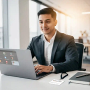 nieuwe-medewerker-microsoft-teams-onboarding.jpg Nieuwe medewerker opent laptop met Microsoft Teams op modern bureau, bedrijfsbadge en notitieboek ernaast, licht kantoor met grote ramen.