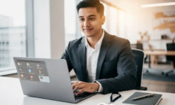 Nieuwe medewerker opent laptop met Microsoft Teams op modern bureau, bedrijfsbadge en notitieboek ernaast, licht kantoor met grote ramen.