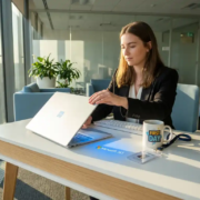 nieuwe-medewerker-laptop-kantoor-onboarding.jpg Nieuwe medewerker opent laptop met Microsoft 365 aan modern bureau, met personeelsbadge en koffiemok in licht kantoor.