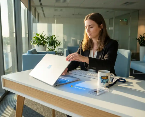 Nieuwe medewerker opent laptop met Microsoft 365 aan modern bureau, met personeelsbadge en koffiemok in licht kantoor.