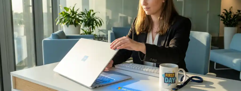 Nieuwe medewerker opent laptop met Microsoft 365 aan modern bureau, met personeelsbadge en koffiemok in licht kantoor.