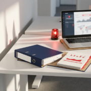 noodrespons-binder-beveiligingsdashboard-kantoor.jpg Open noodrespons-ringband op kantoorbureau naast laptop met beveiligingsdashboard, verlicht door rood waarschuwingslicht.