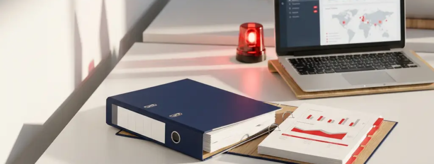 Open noodrespons-ringband op kantoorbureau naast laptop met beveiligingsdashboard, verlicht door rood waarschuwingslicht.