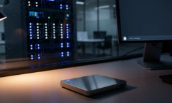 Externe harde schijf naast een serverrack weerspiegeld in regendruppelig kantoorvenster bij schemering, warme amberkleurige verlichting.