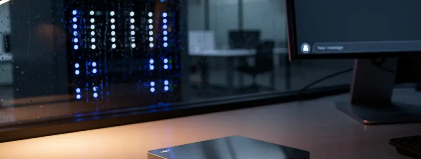 Externe harde schijf naast een serverrack weerspiegeld in regendruppelig kantoorvenster bij schemering, warme amberkleurige verlichting.