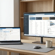 Laptop met Microsoft Outlook naast een CRM-dashboard op tweede monitor, op een opgeruimd bureau met draadloze muis en koffiemok.