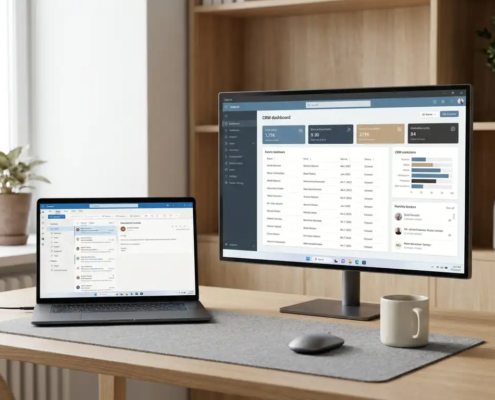 Laptop met Microsoft Outlook naast een CRM-dashboard op tweede monitor, op een opgeruimd bureau met draadloze muis en koffiemok.