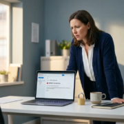 Kantoormedewerker bekijkt verdachte e-mail op laptop, met fysiek hangslot naast koffiemok op opgeruimd bureau.