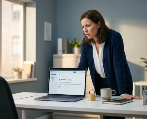 Kantoormedewerker bekijkt verdachte e-mail op laptop, met fysiek hangslot naast koffiemok op opgeruimd bureau.