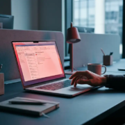 phishing-email-gevaar-laptop-waarschuwing.jpg Verdachte e-mail op laptopscherm in modern kantoor, hand aarzelt boven toetsenbord, rode waarschuwingstinten in omgevingslicht.