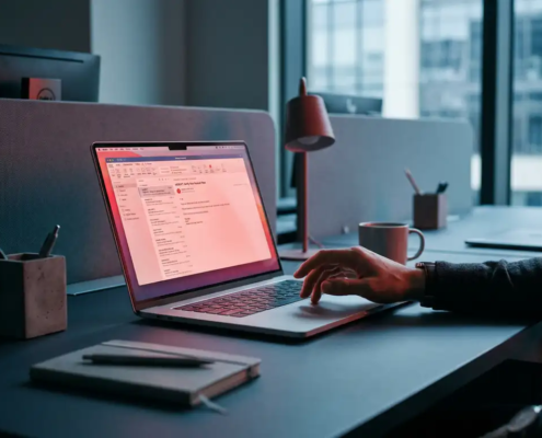 Verdachte e-mail op laptopscherm in modern kantoor, hand aarzelt boven toetsenbord, rode waarschuwingstinten in omgevingslicht.