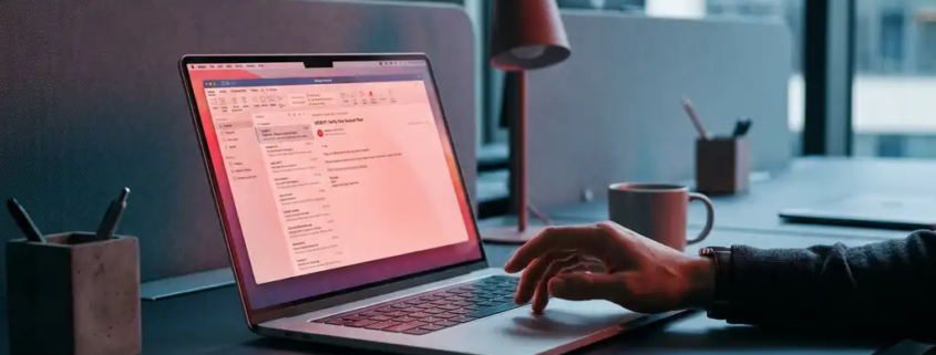 Verdachte e-mail op laptopscherm in modern kantoor, hand aarzelt boven toetsenbord, rode waarschuwingstinten in omgevingslicht.