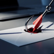 phishing-aanval-envelop-cybersecurity-bedreiging.jpg Stalen phishing-haak die door een witte envelop prikt op een modern bureau, met laptop op de achtergrond.