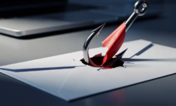 Stalen phishing-haak die door een witte envelop prikt op een modern bureau, met laptop op de achtergrond.