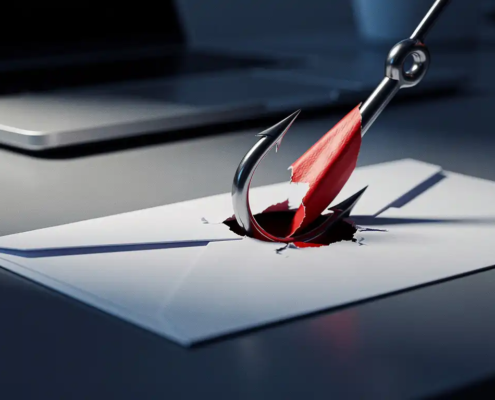 Stalen phishing-haak die door een witte envelop prikt op een modern bureau, met laptop op de achtergrond.
