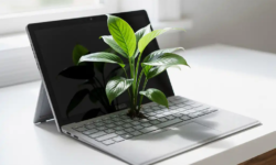 Weelderige groene plant met vertakte stengels groeiend uit een open laptoptoetsenbord op een wit modern bureau in natuurlijk daglicht.