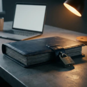Dikke officiële registratiemap met hangslot op modern bureau, laptop op achtergrond, warm amberkleurig bureaulampje.